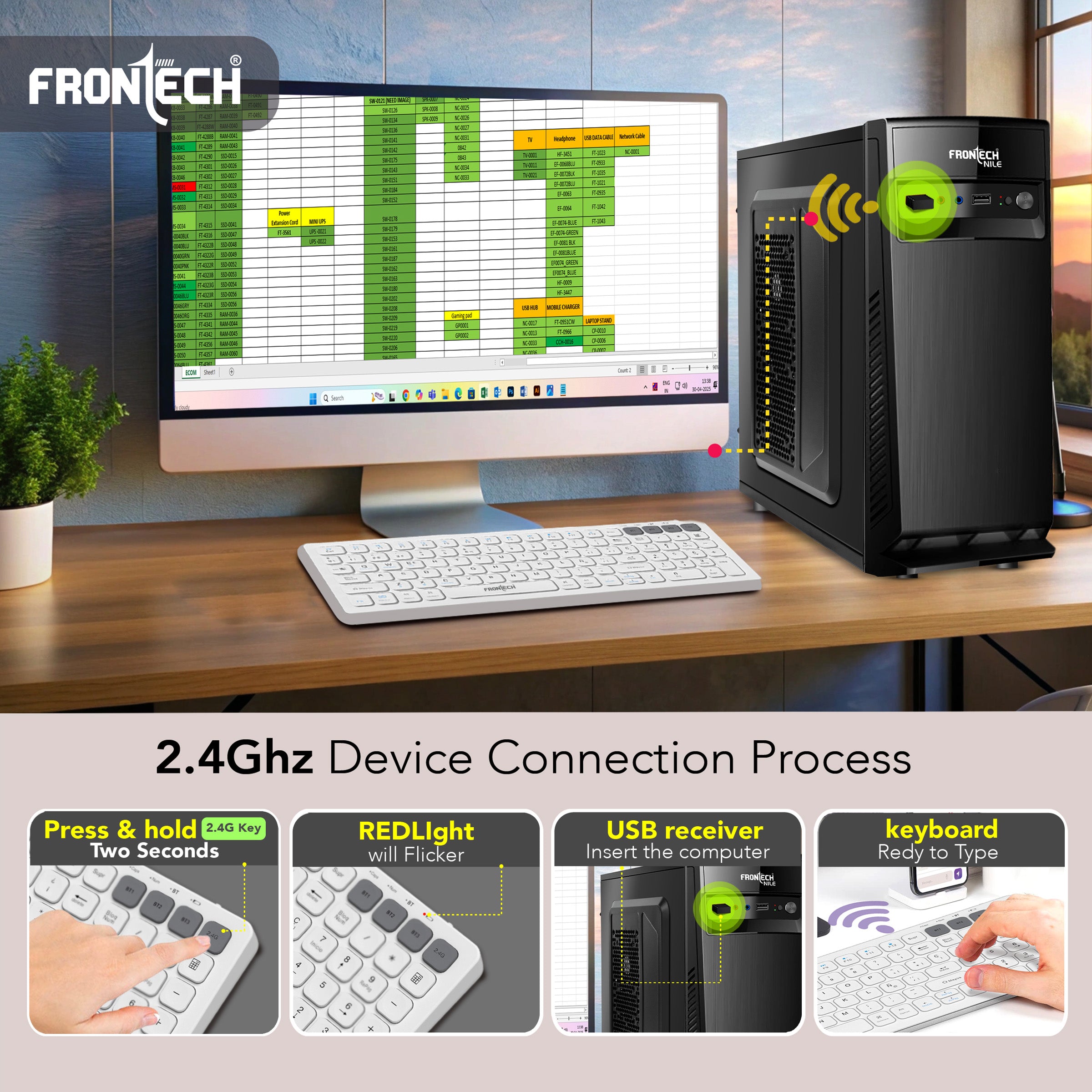 Frontech wireless keyboard & mouse combo | 2.4 Ghz |Transmission with built-in rechargeable battery |Multi-Device connection ( FT-1602A ) Frontech wireless keyboard & mouse combo | 2.4 Ghz |Transmission with built-in rechargeable battery |Multi-Device connection ( FT-1602A )